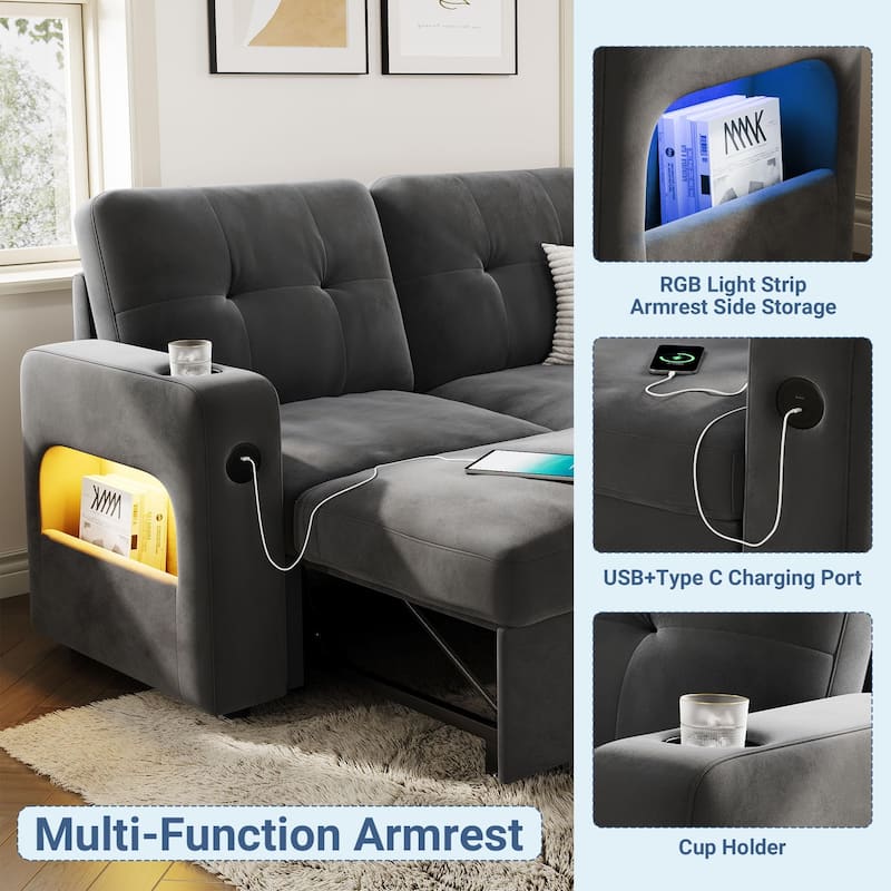 84 Inch Sleeper Sofa Couch, L-Shaped Sofa, Convertible Pull Out Sofa Bed with Storage, Charging Station, Led Lights