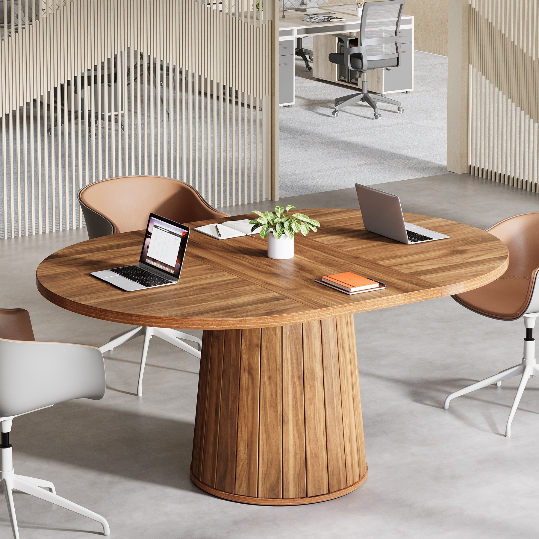 Brown Finish Manufactured Wood 6-Person Dining Table with Polygonal Cylinder Wooden Base - 55.11"L x 39.37"W x 29.92"H