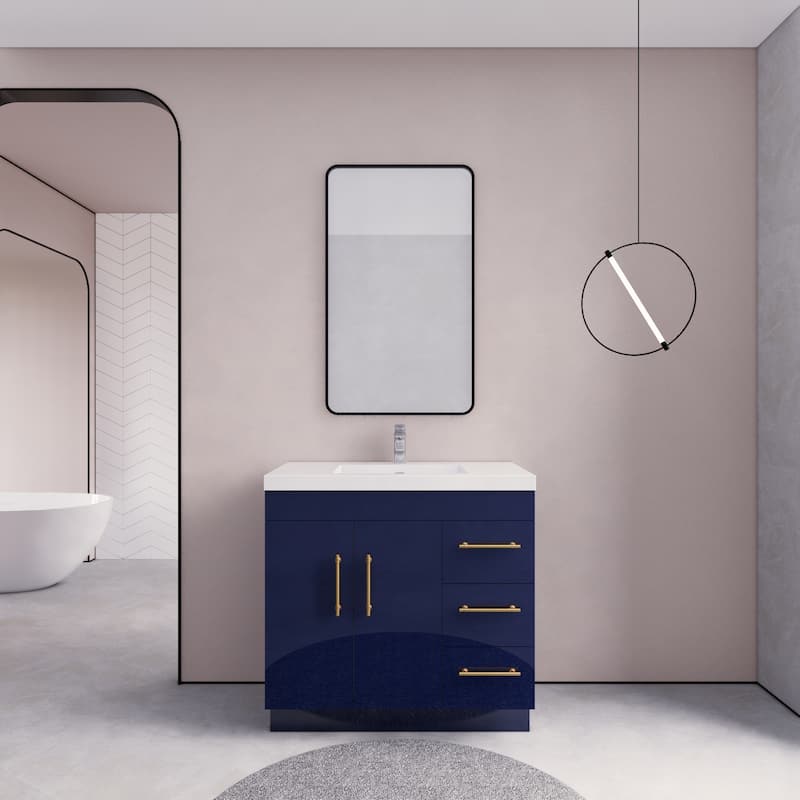 Eliza 36 Freestanding Vanity (Right Drawers) with Single Sink - 36'' Width With Right Drawers - High Gloss Night Blue