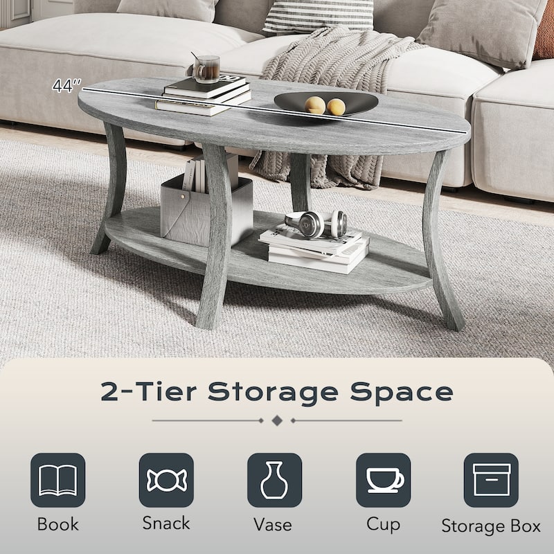 Gymax 2-Tier Oval Coffee Table w/ Storage Shelf Rubber Wood Accent Tea
