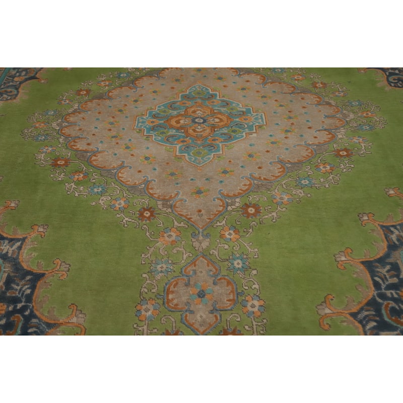 Hand Knotted Oriental 100% Wool Carpet Traditional Floral Green Tabriz Area Rug - 12' 4'' X 9' 8''