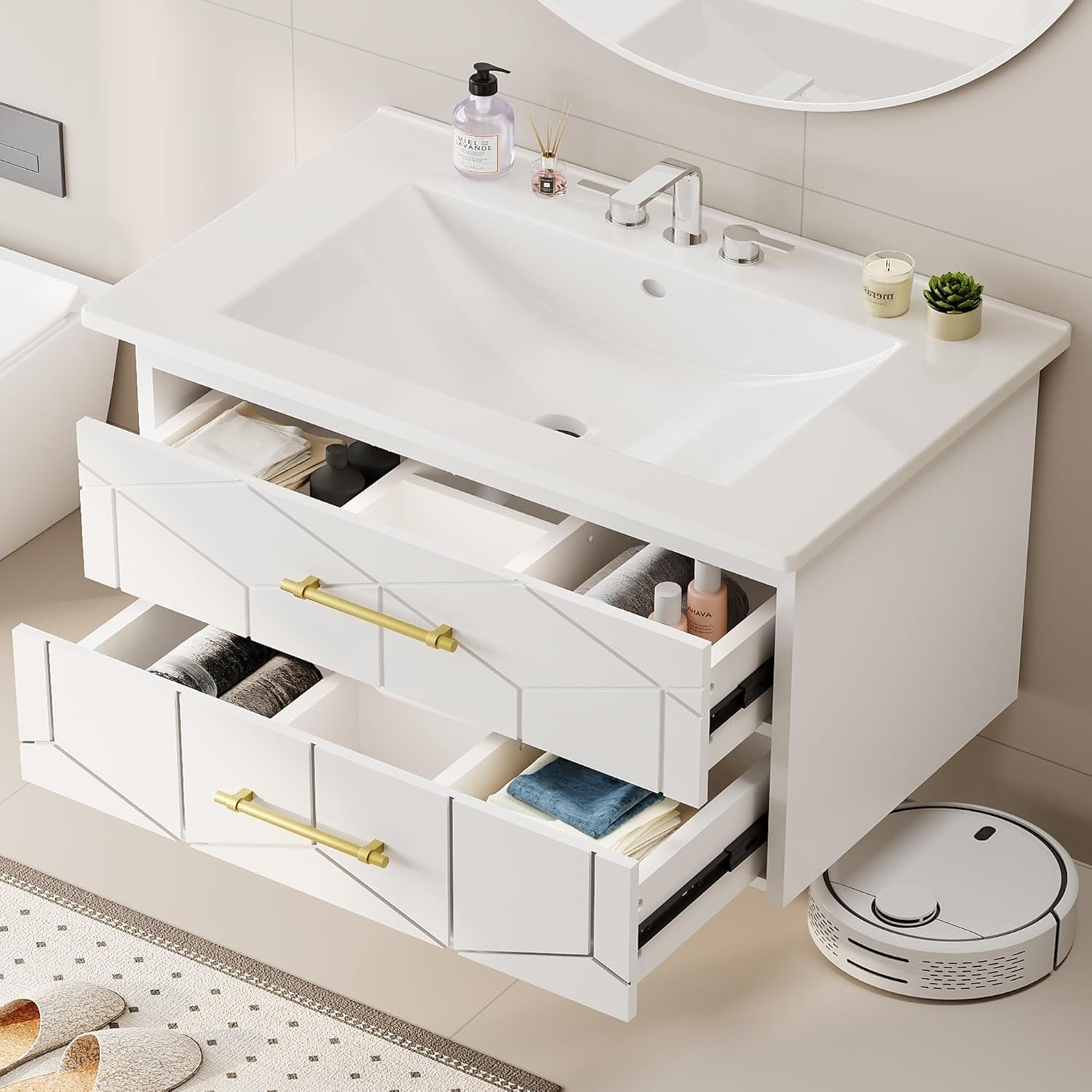 30 inch Bathroom Vanity with Sink Combo, Floating Bathroom Vanity with Ceramic Basin, 2 Large Drawers with Gold Handle