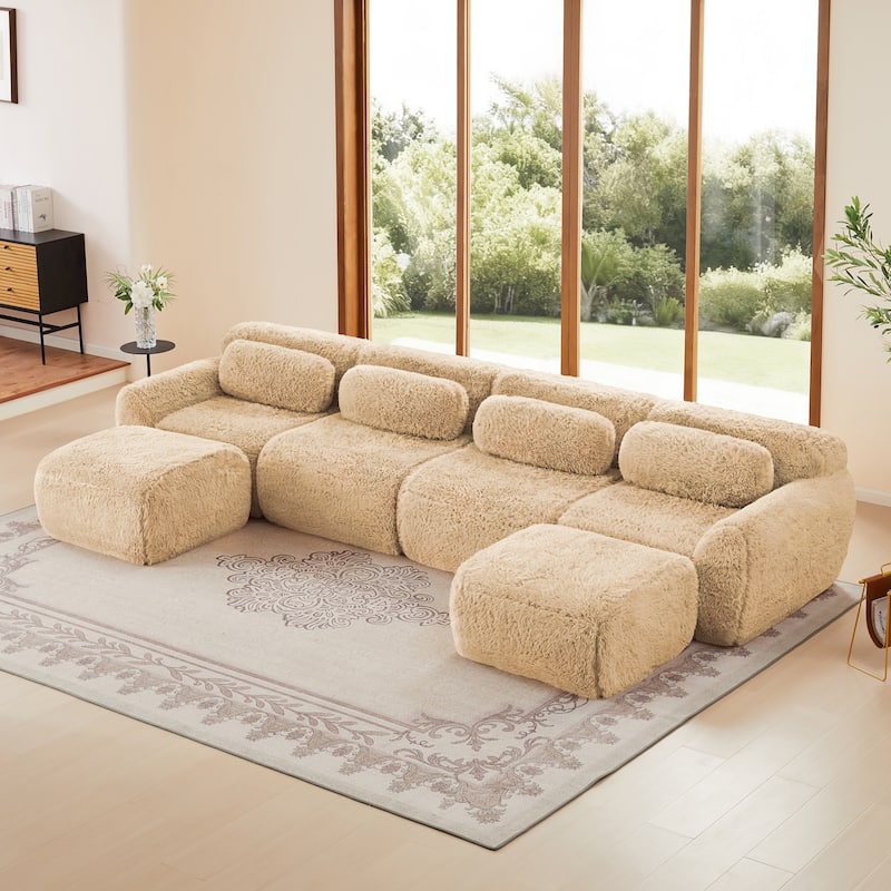 U-shaped Boneless Sofa 32D High Density Sponge Bottom Anti-Slip Design - Light Khaki
