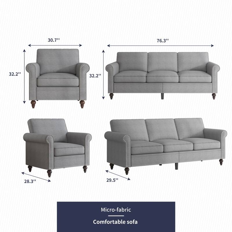 Mixoy 2 Piece Living Room Sofa Set with Rivet Design,Linen 3-Seater Sofa Couch,Loveseat Sofa/Single Sofa Chair