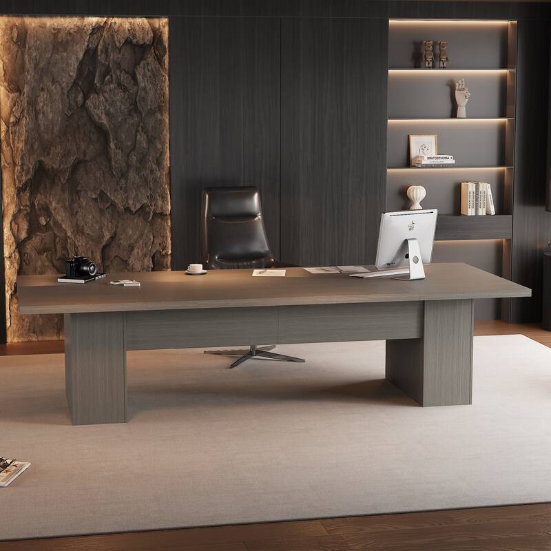 Extra Long Wood Rectangular Dining Table Meeting Table,Oak & White - 126"L