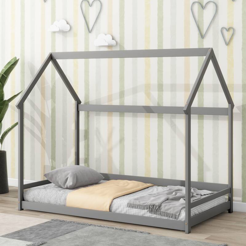 Wood House Bed With Storage Shelf And Hanger