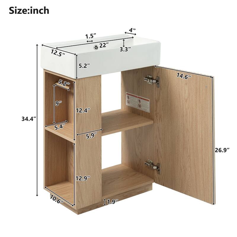 22" Bathroom Vanity with Ceramic Sink - Freestanding Modern Wood Grain Cabinet, Open & Closed Storage for Small Bathrooms