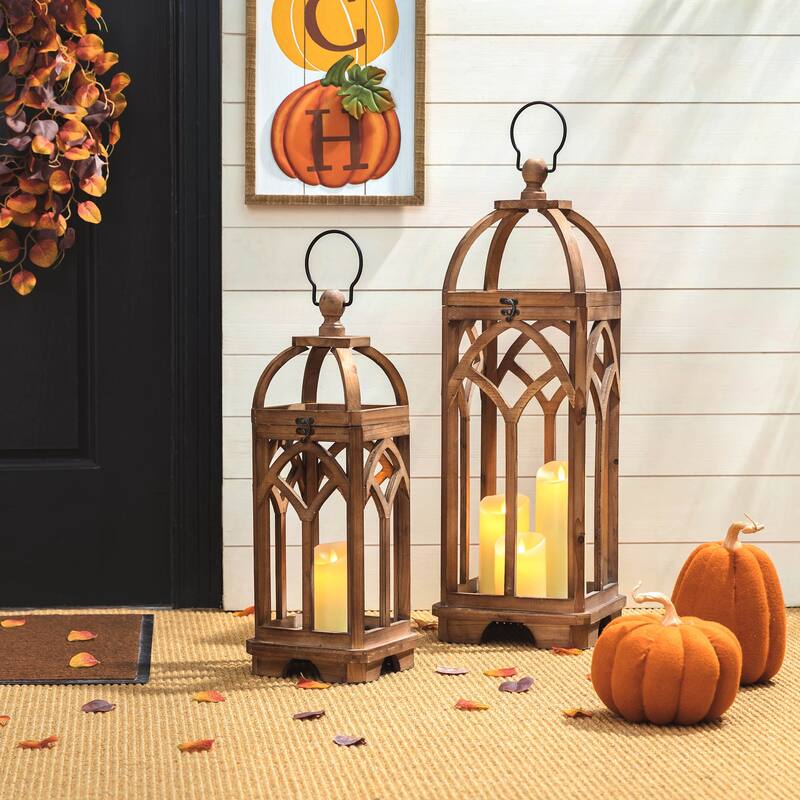 Glitzhome Set of 2 Wooden Church Style Fall Decorative Lanterns Candle Holders - Brown-New Stock