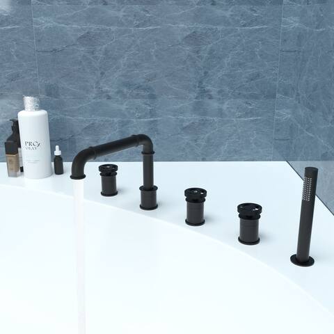 Deck Mounted Tub Faucet With Handheld Shower 3 Handles Roman Bathroom Tub Filler 4 Hole Modern Bathtub Faucet With Hand Shower
