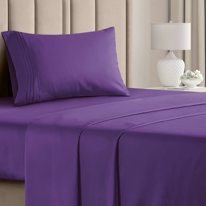 CGK Linens 4 Piece Solid Deep Pockets Microfiber, Easy-Fit Bed Sheet Set - Twin - Purple