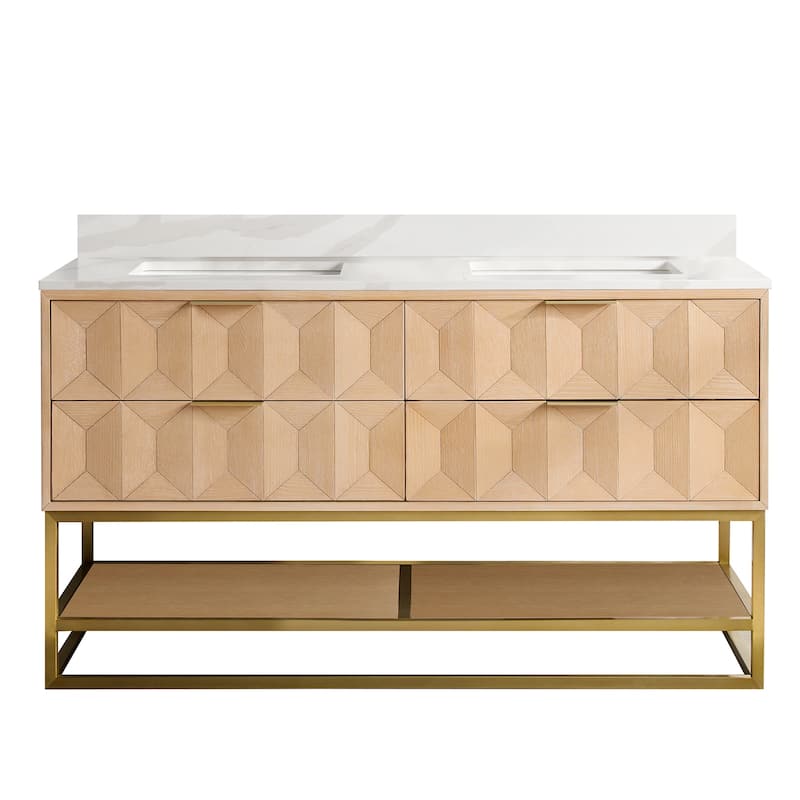 Milagro Bath Vanity with White Quartz Stone Top without Mirror - 60in. - Brushed Gold Base