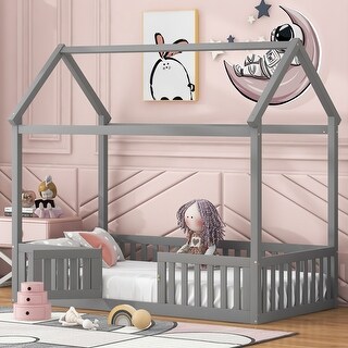 Traditional House Design Twin Size Platform Bed with Roof,Solid Wood Construction with Fence and Door