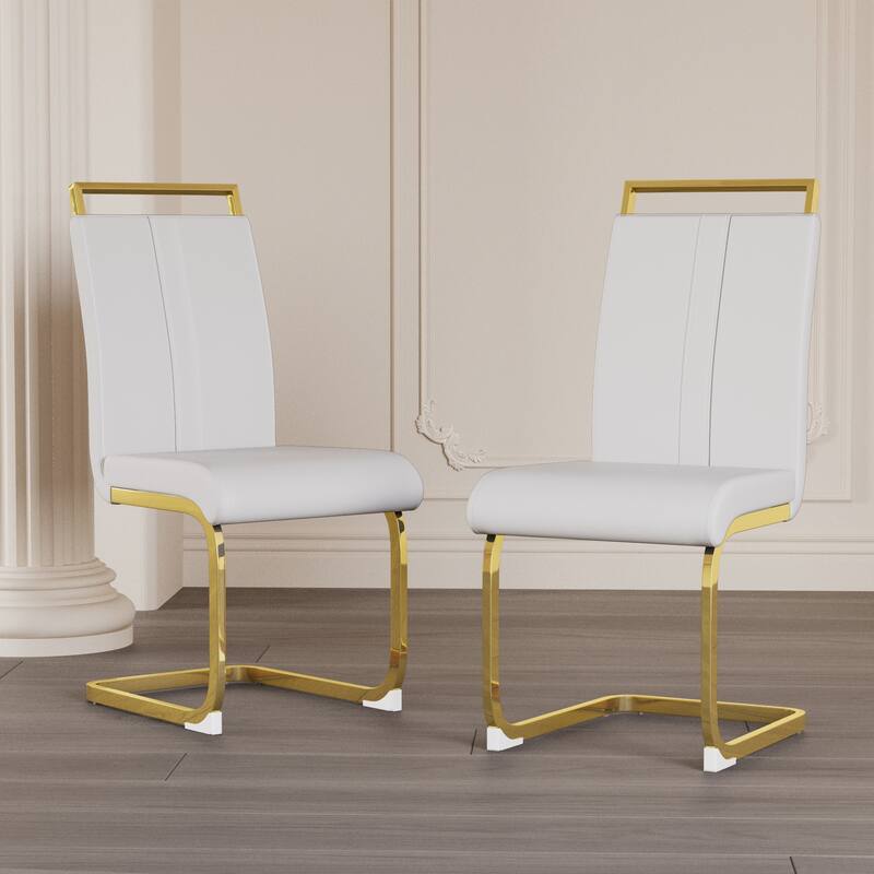High Back Upholstered Side Chair Office Chair with Metal Legs, Characteristic Dining Chair White Gold Vanity Chair