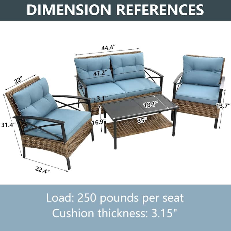 4-Piece Outdoor Patio Rattan Furniture Set, Thick Cushions&Side Table - 1 Table+2 Single chairs+1 Loveseat