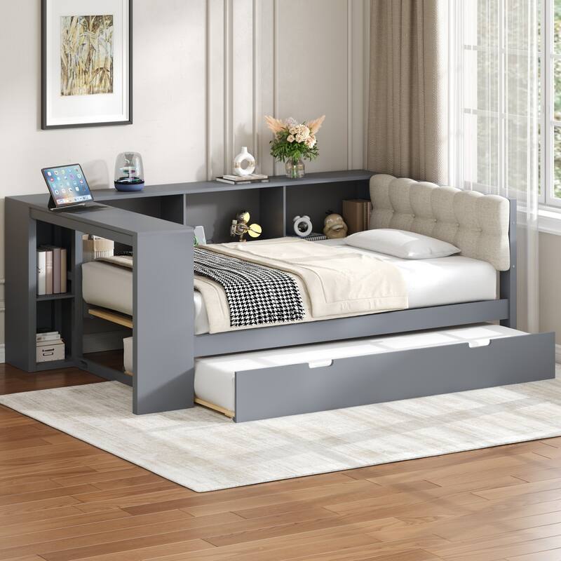 Wood Full/Twin Platform Bed with Storage Shelves, Trundle, Charging Station & Upholstered Headboard