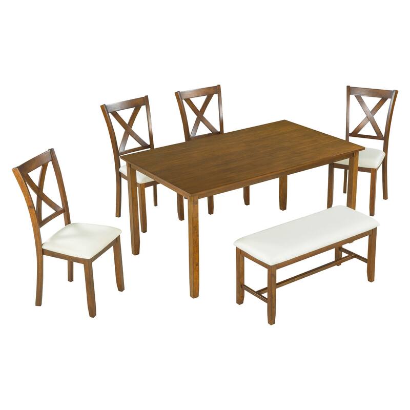 Farmhouse-Style Dining Table Set with 4 Chairs and Bench, Solid Wood Frame, Ideal for Kitchen or Dining Room