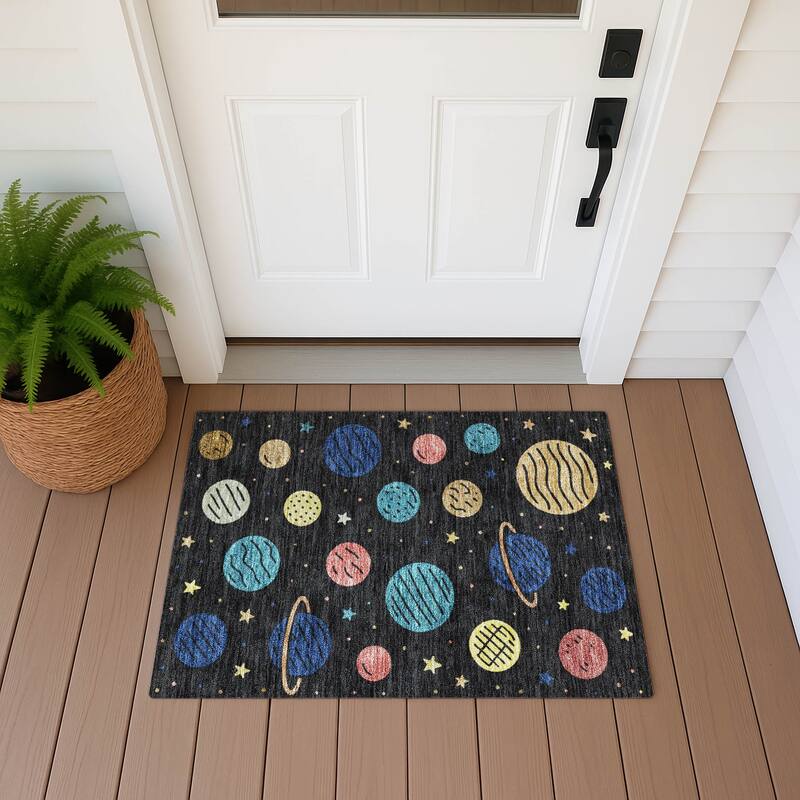 Machine Washable Indoor/ Outdoor Modern Planets Chantille Rug - Black - 1'8" x 2'6"