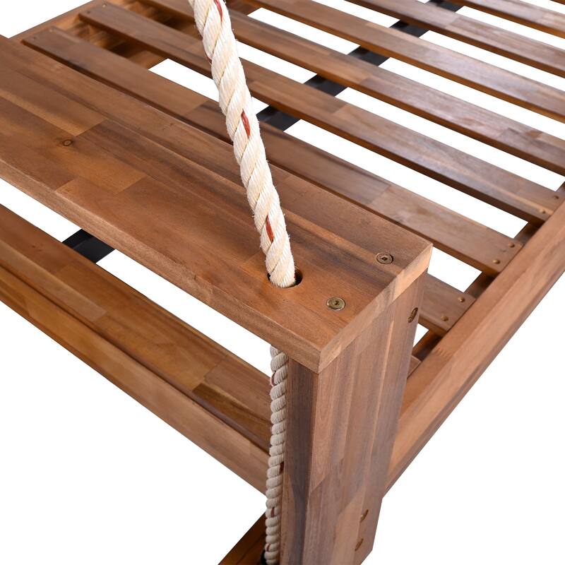 Twin Size Porch Swing Bed Seating Group, Patio Acacia Wood Swing Frame with Hemp Ropes for Garden, Backyard