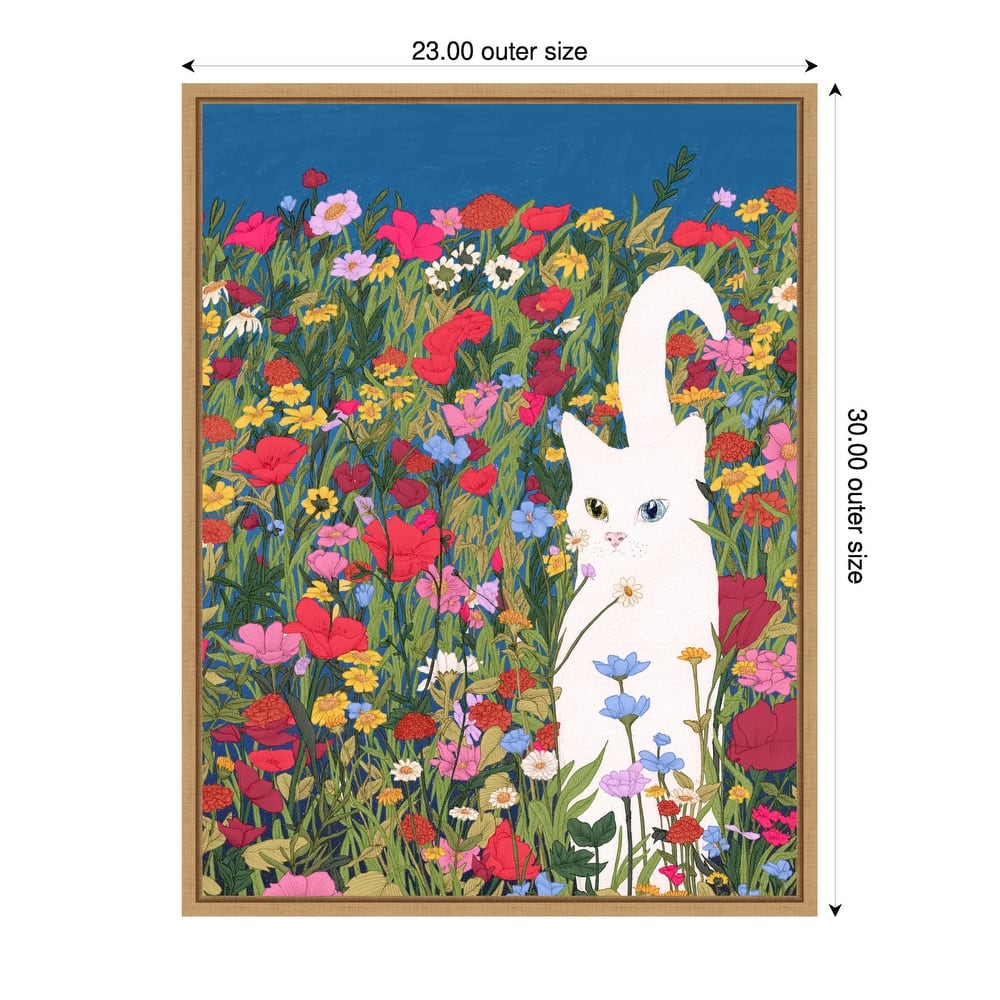 White Cat in the Wildflowers by Ec Mazur Framed Canvas Wall Art