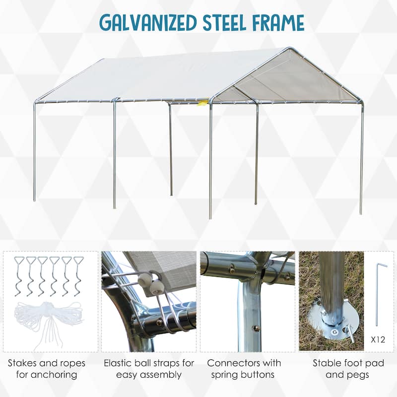 Outsunny 10' x 20' Heavy Duty Carport Awning Canopy with Included Anchor Kit & Weather-Resistant PE Roof