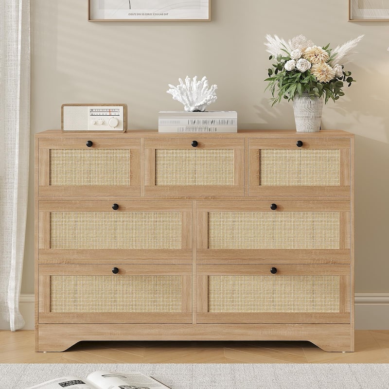 Rattan 7 Drawer Dresser for Bedroom, Farmhouse Modern Dressers & Chests