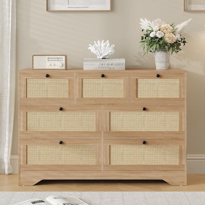 Rattan 7 Drawer Dresser for Bedroom, Farmhouse Modern Dressers & Chests