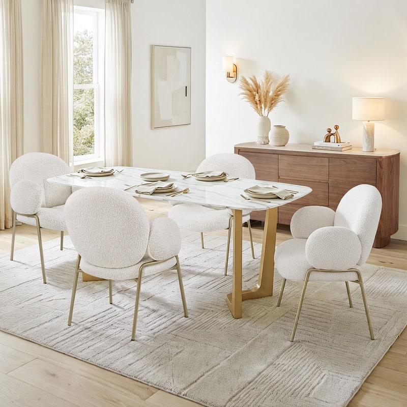 Spruce & Spring Modern Minimalist 63" Jazz White Marble Dining Table with Champagne Stainless Steel Base - White