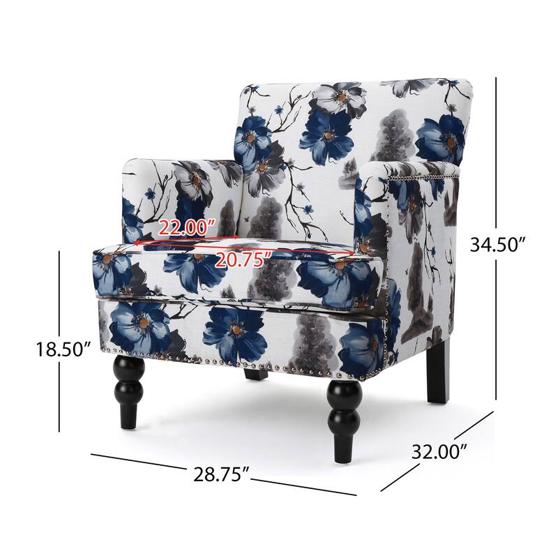 Tufted Floral Fabric Club Armchair with Turned Wood Legs and Nailhead Accents