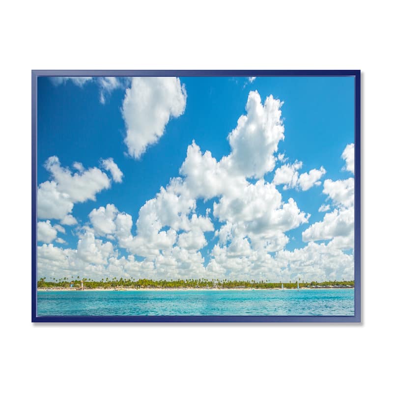 Designart "White Fluffy Clouds Over Sea" Oversized Beach Framed Canvas Artwork Print
