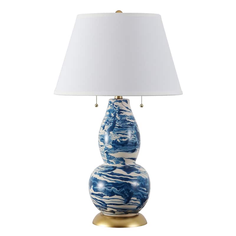 SAFAVIEH Lighting Sebrina 29-inch Navy And White Color Swirls Glass Table Lamp (Set of 2) - 17"x17"x28" - 17Wx17Dx28H