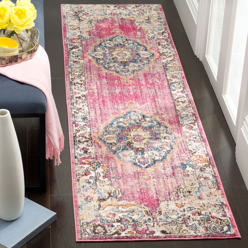 SAFAVIEH Bristol Janushka Vintage Boho Oriental Polyester Rug - 2'3" x 12' Runner - Fuchsia/Light Grey