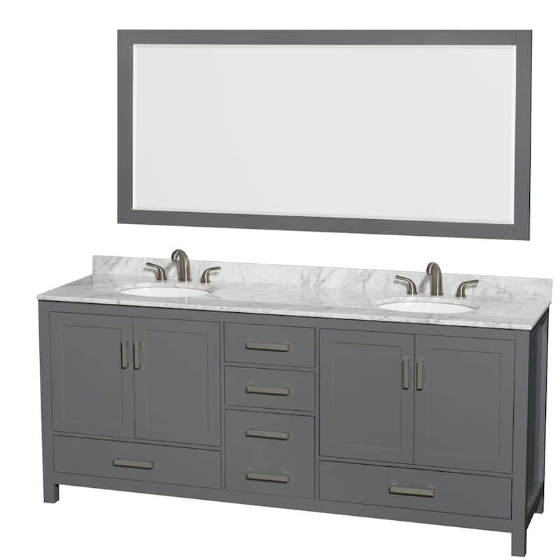 Wyndham Collection WCS141480DUNOM70 Sheffield 80" Free Standing Double - Dark Gray / White Carrara Marble Top / Brushed - Steel Finish