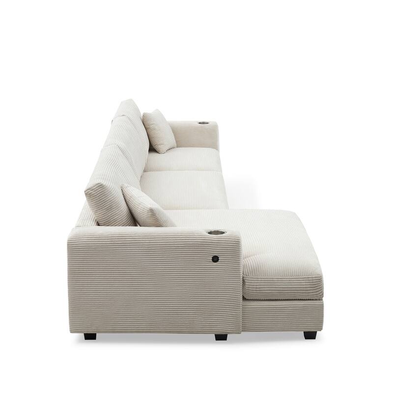 Spacious 4-Seater Corduroy Cloud Couch with Chaise, USB Charging Ports, and Cup Holders