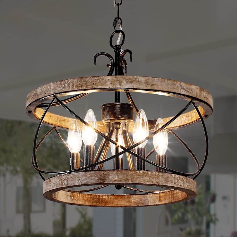 Bella Depot 5-Light Rustic Cage Wood Chandelier Dimmable Lighting, 15.7" Adjustable Farmhouse Pendant Light for Kitchen Island