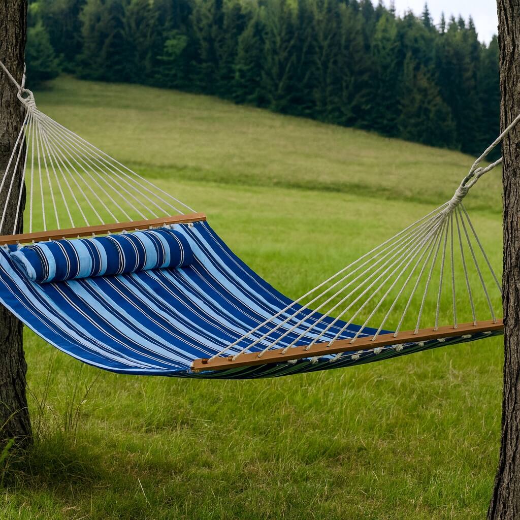 HomeRoots Light Blue And Dark Blue Striped Double Hammock - 125.50 in. x 1.00 in. x 55.00 in.