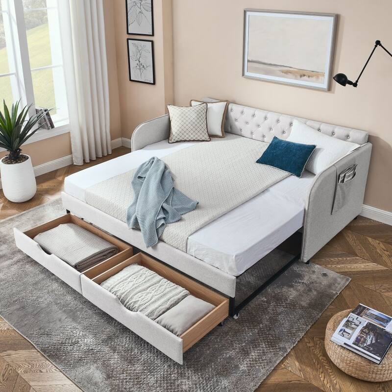 Twin Size Upholstery Daybed with Trundle Bed and Two Storage Drawers , Flat Arms with Pocket, Extendable Daybed - Beige