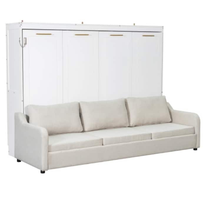 Queen/Full Size Murphy Cabinet Bed - Converts to Folding Sofa with Storage Shelves and LED Lights