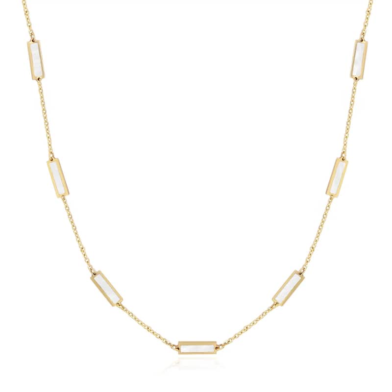 Curata 14k Yellow Gold Italian 18" Inlaid Genuine Gemstone 10X2mm Bar Station Necklace - White MOP