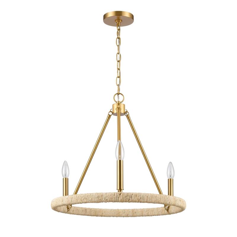 Abaca Rope Chandelier - 3-Light_Wheel - Satin Brass