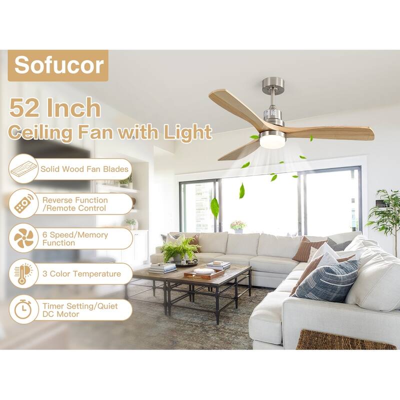 52" Solid Wood Noiseless 3-Blade Ceiling Fans with Dimmable LED Light Optional and Remote, 6-Speed Reversible DC Motor