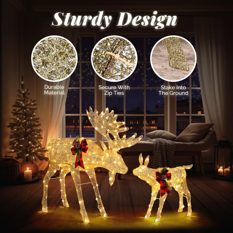 2pcs Golden LED Light Moose Family Decoration