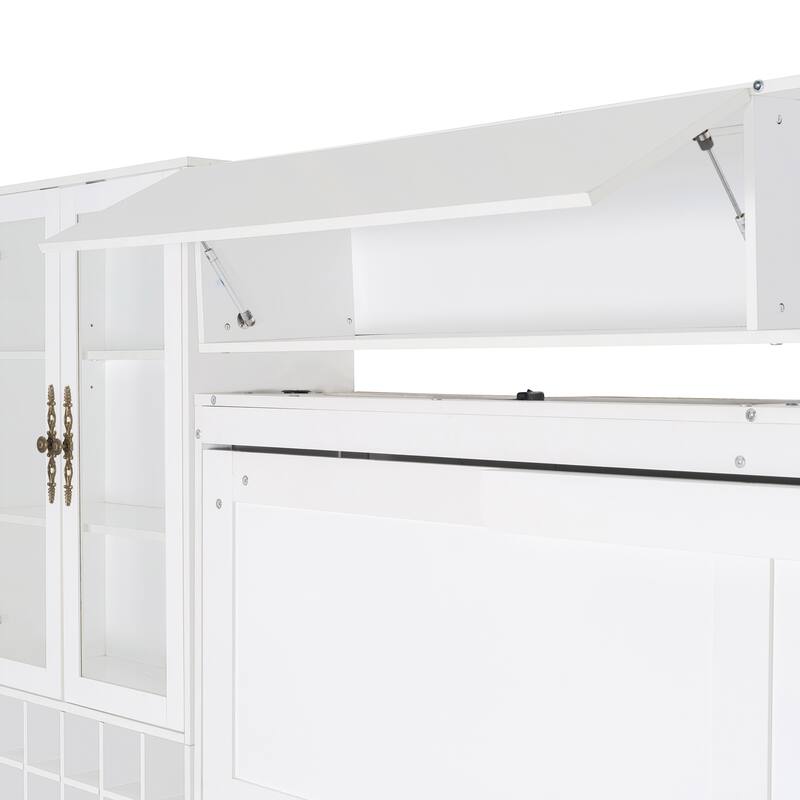 Wood Wall Murphy Bed Frame with Couch, USB and Light, Foldable Wall Platform Bed with All-in-One Storage Cabinet
