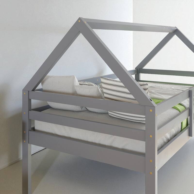 Twin Over Twin Floor Bunk Bed with House Roof Design, Rubber Wood Frame, Ladder and Guardrails for Kids Bedroom