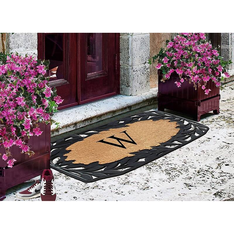 A1HC Rubber and Coir Stylish Leaf Border Large Outdoor Durable Monogrammed Doormat, Black - 23" X 38"