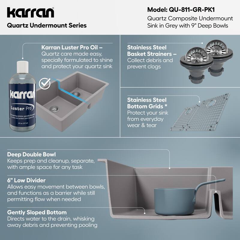 Karran 32" Undermount Large/Small Bowl Quartz Kitchen Sink Kit - 32" x 21.25" x 9"