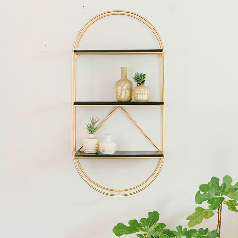 Wood and Gold Oval Wall Shelf