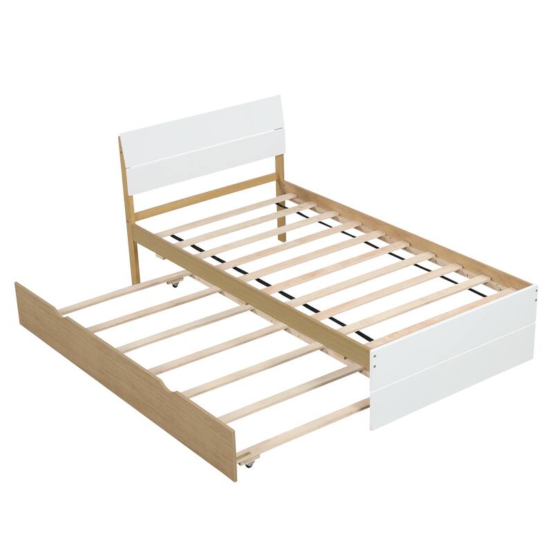 Twin Platform Bed with Trundle, High Gloss Headboard and Footboard