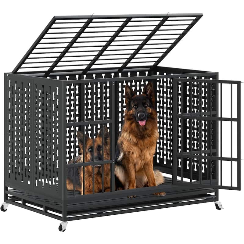 BOSSIN 48/42/38 inch Heavy Duty Dog Crate, Dog Cage for Large Dogs, Escape Proof Dog Kennel with Wheels and Removable Tray - 38inch - Black