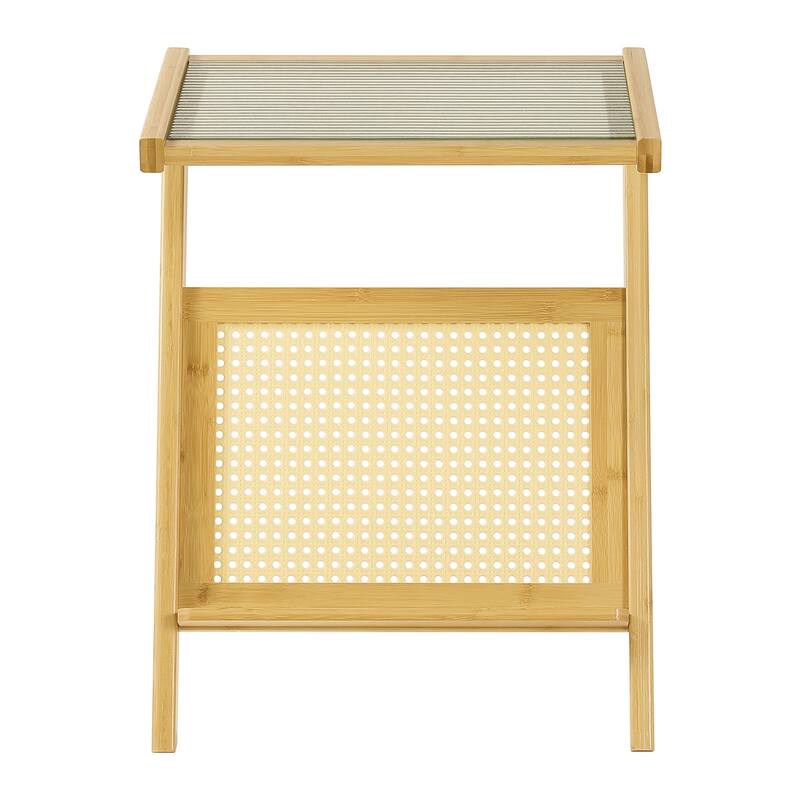 Bamboo Glass Top Side Table Accent End Table with Magazine Rack