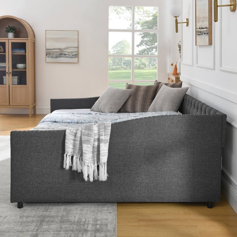 Roomfitters Twin/Full/Queen Upholstered Daybed with Tufted Backrest, Nailhead Trim and Underbed Storage Trundle